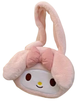 "Sac à Main My Melody – Sanrio Kawaii. Sac en peluche doux avec design adorable de My Melody, incluant un nœud rose et de longues oreilles. Parfait pour ajouter une touche mignonne à votre style !"