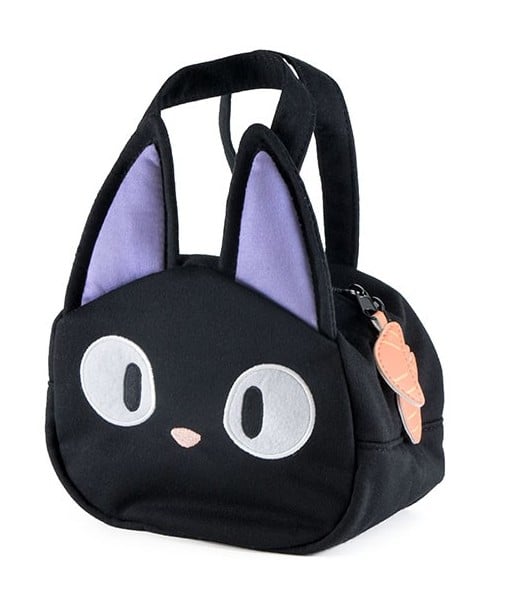 Sac à lunch Jiji – Kiki la Petite Sorcière – 150 x 180 x 120 mm – Studio Ghibli. Sac kawaii noir avec visage de Jiji et oreilles en relief, parfait pour transporter repas et snacks.