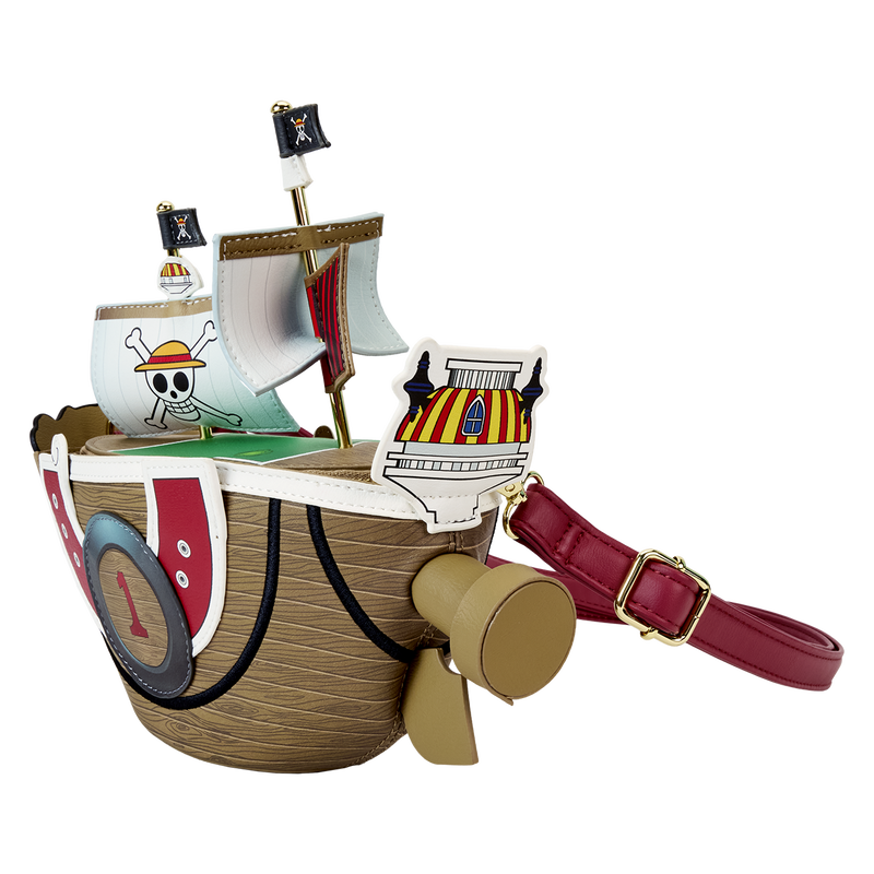 Sac bandoulière Loungefly One Piece – Thousand Sunny figural – 24,1 x 19,1 x 14 cm. Accessoire en simili cuir représentant le navire Thousand Sunny en 3D, avec voiles, mascotte lion et détails embossés.