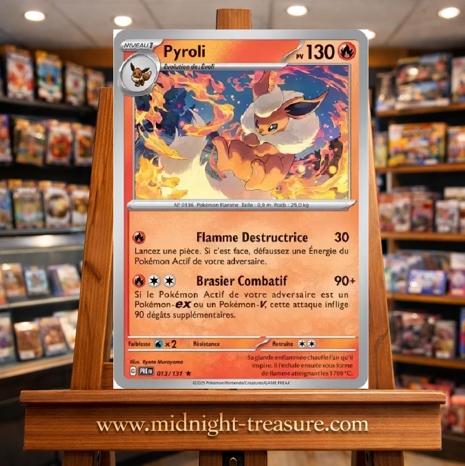 Carte Pokémon Pyroli Holo issue de l’extension Écarlate & Violet – Évolutions Prismatiques. Illustration enflammée dynamique avec effet holographique, idéale pour les collectionneurs et fans des évolutions d’Évoli.