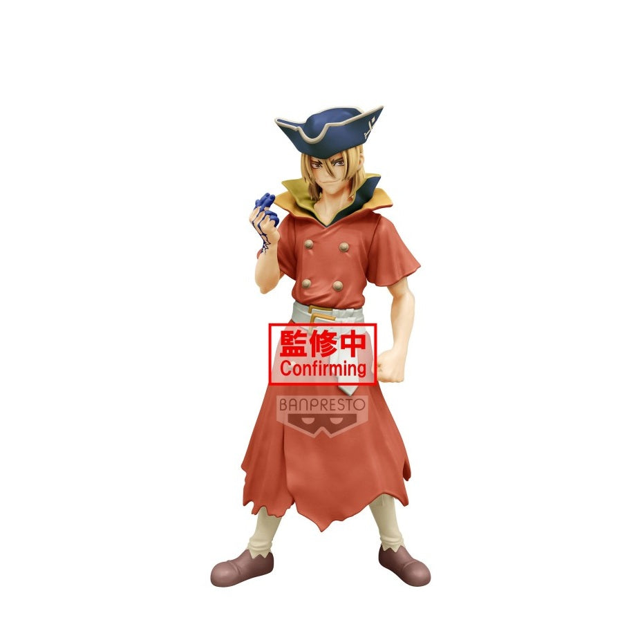 Figurine Dr. Stone – Figure of Stone World – Ryusui Nanami – 18 cm – Banpresto. Ryusui dans sa tenue de capitaine, affichant une posture confiante et ambitieuse. Une figurine détaillée parfaite pour les fans de Dr. Stone