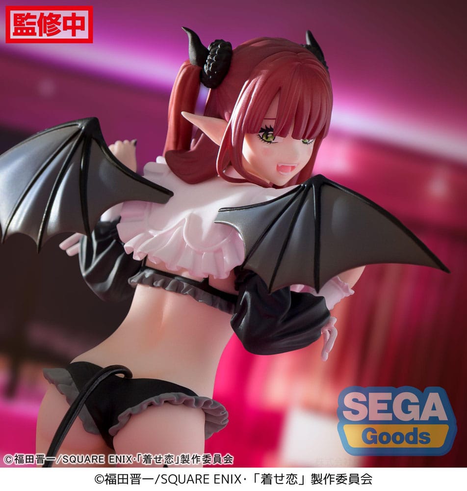Figurine My Dress-Up Darling – Marin Kitagawa – Version Succubus – 18 cm – SEGA. Marin en cosplay de succube avec ailes, cornes et queue en cœur. Une figurine sexy et espiègle parfaite pour les fans de My Dress-Up Darling