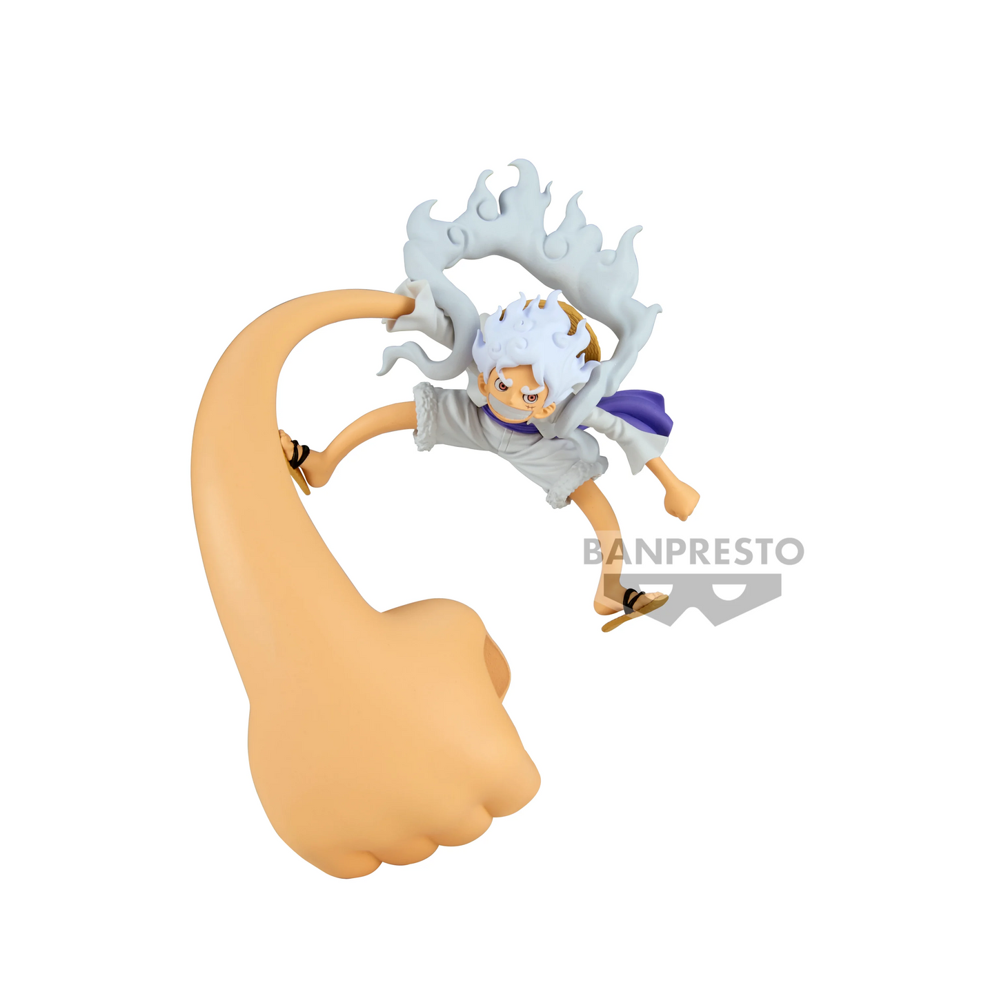 Figurine One Piece – Monkey D. Luffy – Gear 5 – 12 cm – Banpresto. Luffy en plein assaut, entouré de son aura tourbillonnante et prêt à frapper avec son poing géant. Une figurine dynamique parfaite pour les fans de One Piece