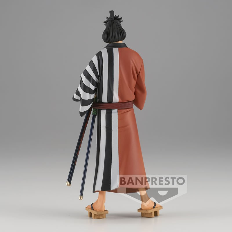 "Figurine One Piece – Kinemon – 17 cm – PVC/ABS. Kinemon en tenue traditionnelle de samouraï, tenant ses katanas avec prestance. Un ajout incontournable pour les fans de l'univers One Piece."