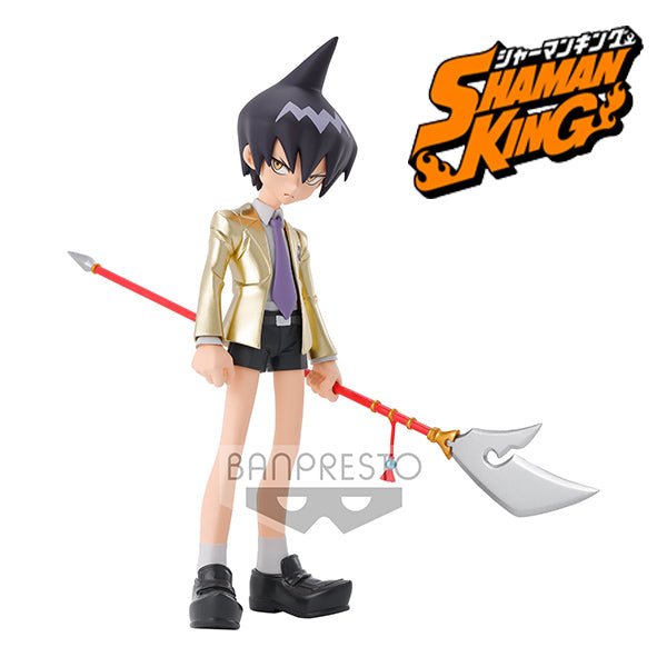 Figurine Shaman King de Tao Ren, 14 cm, pose emblématique avec sa lance, signée Banpresto, sous licence officielle.