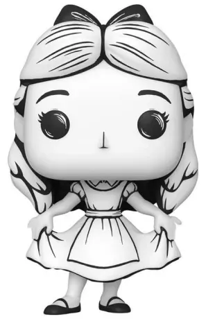 "Funko Pop! Alice au Pays des Merveilles – Alice (1528) – Version Esquisse – Disney Exclusive. Figurine en noir et blanc dans un style crayonné, hommage aux dessins originaux du film."
