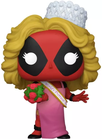 Funko Pop! Marvel â Beauty Pageant Deadpool (N°1340). Deadpool dĂ©guisĂ© en reine de beautĂ© avec robe rose, perruque blonde, couronne et bouquet. Une figurine dĂ©calĂ©e parfaite pour les fans du mercenaire de Marvel.