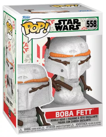 Funko Pop! Star Wars Holiday – Boba Fett Bonhomme de Neige (N°558). Figurine festive représentant Boba Fett en bonhomme de neige scintillant, avec branches en guise de bras et carotte en visière. Une pièce originale et idéale pour les fêtes.