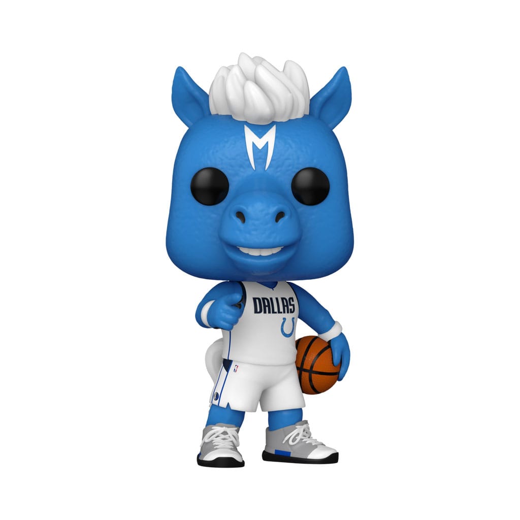 Funko Pop! NBA Mascots 08 - Champ (Dallas Mavericks). Figurine représentant la mascotte officielle des Mavericks avec son maillot et ballon de basket. Design fidèle et dynamique, idéal pour collectionneurs et fans de NBA
