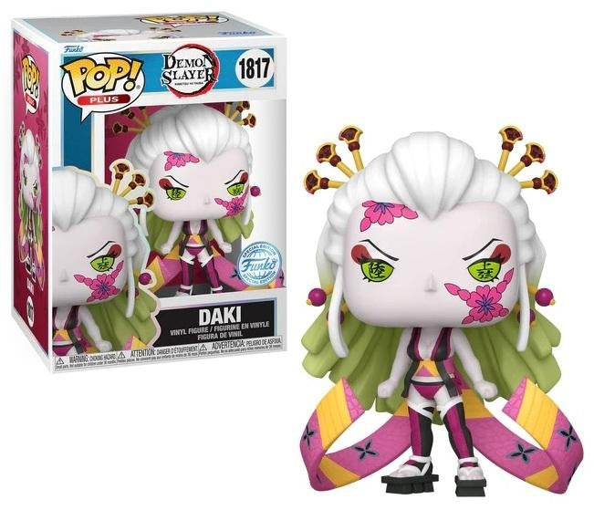 Funko Pop! Demon Slayer – Daki (N°1817). Démon aux cheveux blancs et rubans multicolores, avec motifs floraux sur le visage. Une figurine stylisée et puissante pour les fans de Demon Slayer.