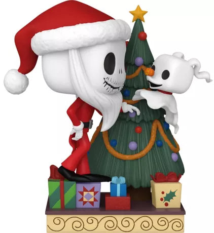Funko Pop! Deluxe L'Étrange Noël de Monsieur Jack 1386 - Jack Skellington avec Zéro. Jack en tenue de Père Noël à côté d’un sapin décoré, accompagné de son chien fantôme Zéro. Une figurine idéale pour les fans de Tim Burton et de l'univers Disney