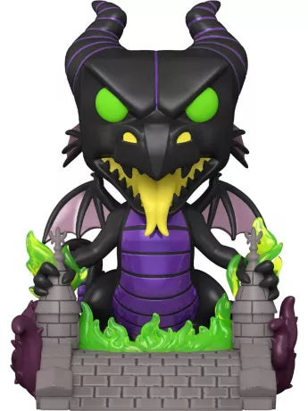 Funko Pop! Deluxe Disney 1453 - Maléfique Dragon sur le Pont. Figurine détaillée représentant Maléfique sous sa forme de dragon entourée de flammes vertes. Une piÚce de collection incontournable pour les fans de Disney.