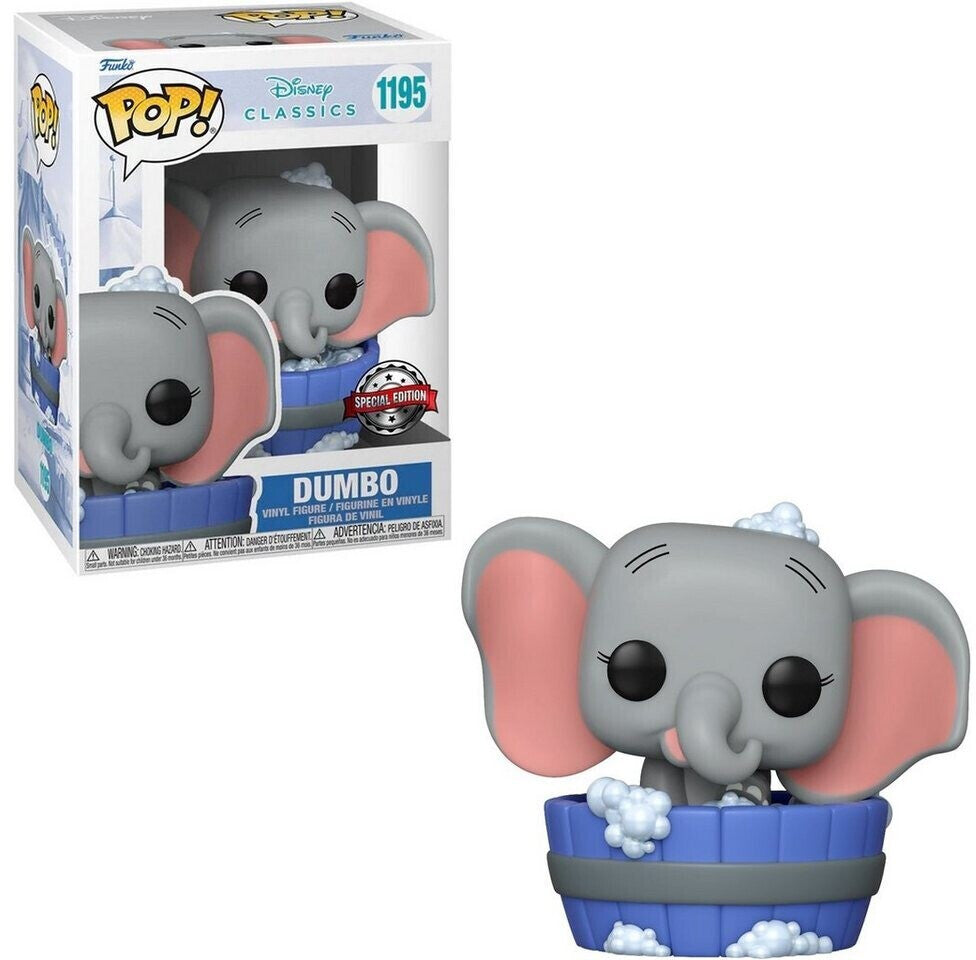 "Funko Pop! Disney Classics â Dumbo (1195). Adorable Dumbo prenant un bain moussant dans son petit seau bleu, avec ses grandes oreilles roses et son expression joyeuse. Une piĂšce incontournable pour les fans de Disney et des classiques dâanimation !"