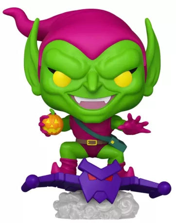 Funko Pop! Spider-Man â Green Goblin (N°1502). Figurine du Bouffon Vert sur son planeur avec bombe citrouille en main. Une piĂšce culte et diabolique pour les fans de Marvel.