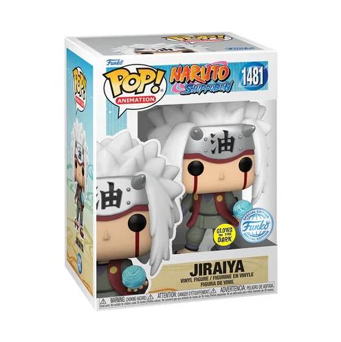 Funko Pop! Naruto Shippuden â Jiraiya (1481). Figurine exclusive Glow in the Dark avec Rasengan lumineux, tenue de Sannin, bandeau frontal et expression sage. Une piĂšce incontournable pour les fans de Naruto.