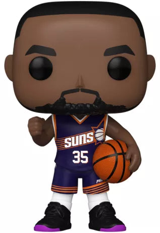 Funko Pop! NBA â Kevin Durant (N°197) â Phoenix Suns â Fanatics Exclusive. Figurine reprĂ©sentant Kevin Durant en tenue violette des Suns, ballon en main, prĂȘt Ă jouer.
