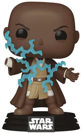 Funko Pop! Star Wars – Mace Windu (N°788, Glow in the Dark). Figurine représentant le Maître Jedi électrocuté par Dark Sidious dans La Revanche des Sith, avec éclairs lumineux. Une pièce épique et exclusive pour les fans de Star Wars.