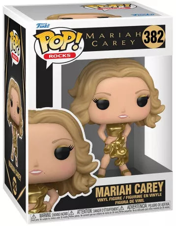 Funko Pop! Rocks 382 - Mariah Carey. Figurine reprĂ©sentant la diva dans une tenue dorĂ©e scintillante, inspirĂ©e de lâĂšre The Emancipation of Mimi. Un must-have pour les fans de musique et de collection Funko.