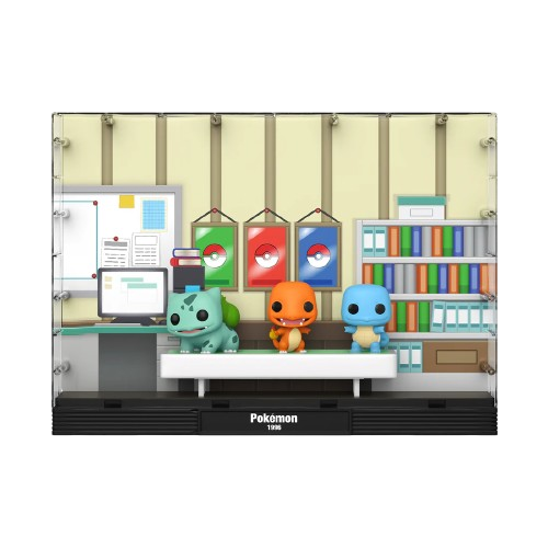 Funko Pop! Moment Deluxe Pokémon Starters 1996 – N°01. Scène culte du laboratoire du Professeur Chen avec Bulbizarre, Salamèche et Carapuce. Une pièce de collection essentielle pour les fans de Pokémon première génération."