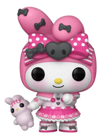 Funko Pop! Sanrio â My Melody 50th Anniversary (N°114). Figurine kawaii de My Melody en tenue rose et blanche festive avec peluche assortie. Une Ă©dition spĂ©ciale incontournable pour les fans de Sanrio.