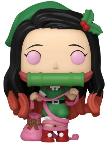 Funko Pop! Demon Slayer â Nezuko Kamado Christmas Edition (N°2033). Nezuko en tenue de NoĂ«l verte et rouge tenant un sac de cadeaux. Une version festive incontournable pour les fans de Demon Slayer.