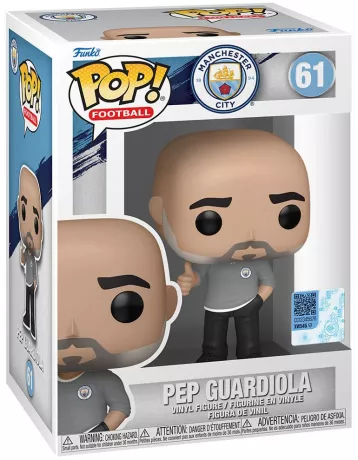 Funko Pop! Manchester City – Pep Guardiola (N°61). Figurine représentant l’entraîneur avec un pouce levé et le logo officiel du club. Un indispensable pour les fans de football.