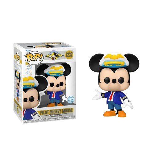 Funko Pop! Disney – Pilot Mickey Mouse (1232). Mickey Mouse en uniforme d’aviateur bleu avec casquette à ailes dorées, tenant une mallette de pilote. Une figurine exclusive et élégante pour les fans de Disney.