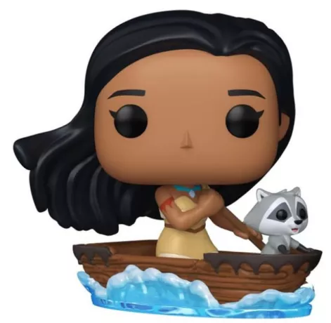 "Funko Pop! Disney – Pocahontas (1579) – Figurine de Pocahontas dans une pirogue avec Meeko et des effets d’eau. Une scène culte en hommage à la nature et à l’aventure