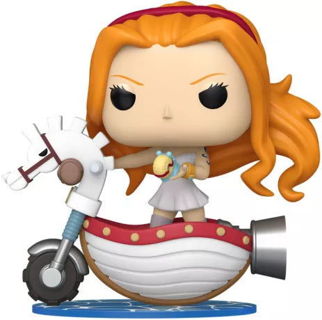 "Funko Pop! Rides One Piece (128) – Nami with White Hobby Horse. Nami sur un cheval-bateau blanc, tenant un escargophone. Une figurine dynamique et détaillée pour les fans de One Piece."