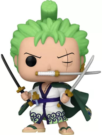 Funko Pop! One Piece 923 - Roronoa Zoro (Wano Kuni). Figurine exclusive représentant Zoro en tenue traditionnelle de Wano, armé de ses trois sabres. Design fidèle et détaillé, idéal pour collectionneurs et fans de One Piece.