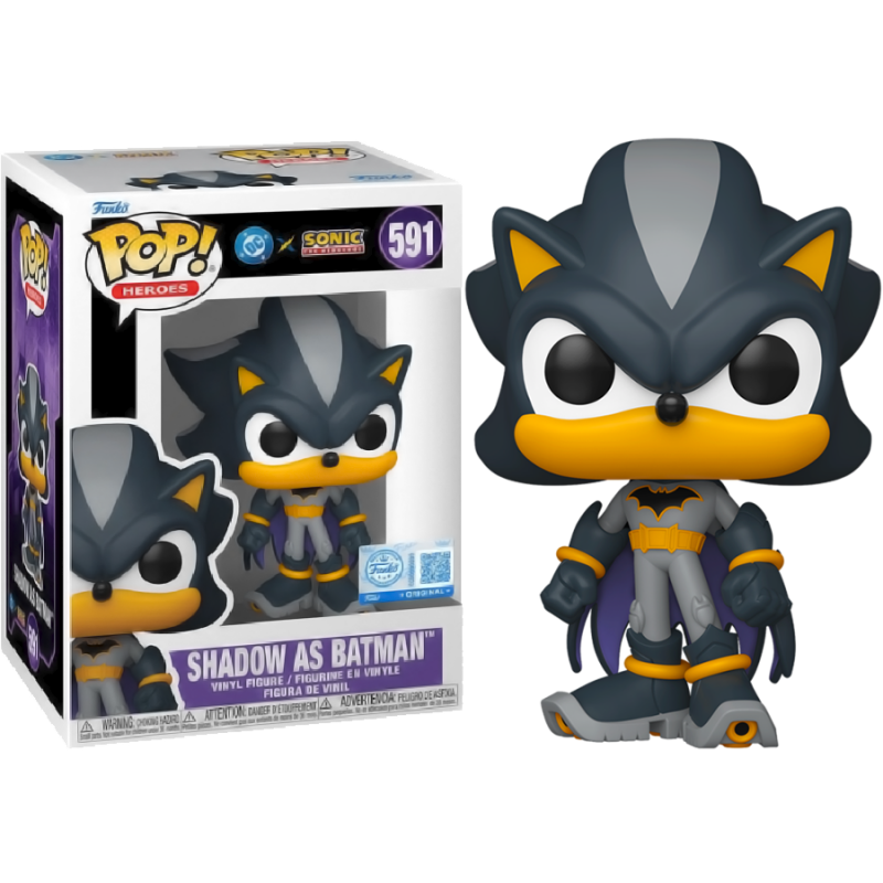 Funko Pop! Sonic the Hedgehog x DC Comics – Shadow as Batman (N°591). Figurine de Shadow déguisé en Batman avec cape violette et costume noir. Un crossover unique et iconique.