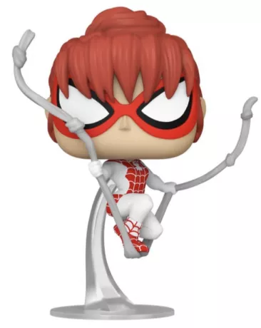 Funko Pop! Marvel – Spinneret (N°1293 – Special Edition). Figurine de Mary Jane en tenue blanche et rouge suspendue par ses toiles, avec sticker exclusif. Une héroïne aérienne et puissante pour les fans de Spider-Man.