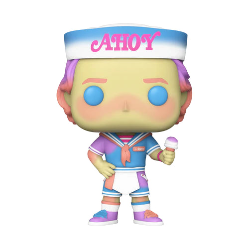 Funko Pop! Steve (1545) en uniforme Scoops Ahoy de Stranger Things, tenant un cornet de glace rose. Figurine avec chapeau "AHOY", expression fatiguée et cheveux stylisés.