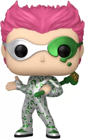 Funko Pop! Batman Forever â The Riddler â N°530. Le Sphinx en tenue argentĂ©e mĂ©tallisĂ©e avec points dâinterrogation verts, canne et masque. Une figurine dĂ©lirante fidĂšle au film, parfaite pour les fans de Batman.