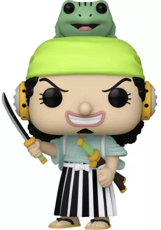 Funko Pop! One Piece – Usohachi (1474). Usopp en tenue de Wano avec un bandana vert et une grenouille sur la tête. Une figurine décalée parfaite pour les fans de One Piece.