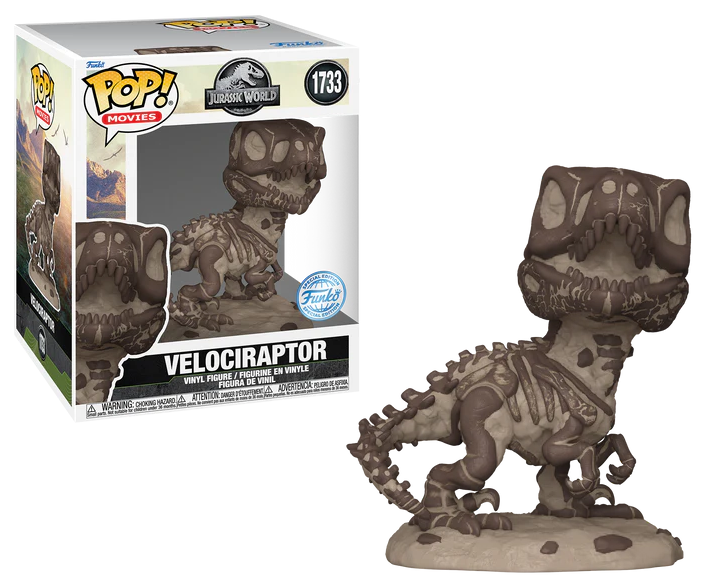 Funko Pop! Jurassic World – Velociraptor Fossile (N°1733). Squelette détaillé en teintes brunes et beiges avec base fossilisée. Figurine unique pour les fans de dinosaures et de Jurassic World.