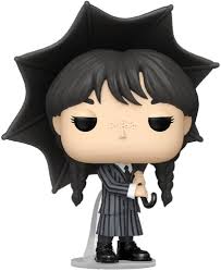 Funko Pop! exclusive de Wednesday Addams (1552) avec un parapluie noir, figurine issue de la série La Famille Addams, détails soignés de sa tenue rayée et de ses tresses iconiques.