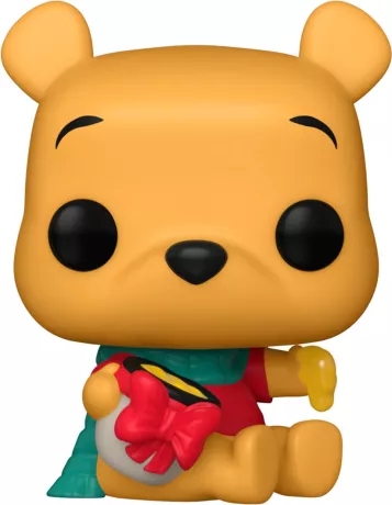Funko Pop! Disney â Winnie lâOurson (N°1529) â avec cadeau. Winnie assis avec pot de miel enrubannĂ©, foulard vert et tenue hivernale. Une figurine douce et festive pour les fans de Disney.