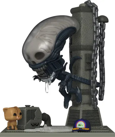 Funko Pop! Deluxe Alien – Xenomorph avec Jonesy (N°1936). Figurine du Xenomorph surgissant d’un pilier face au chat Jonesy, décor inspiré du vaisseau Nostromo.