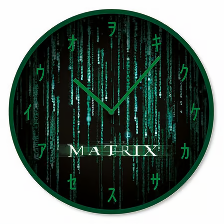 Horloge murale The Matrix – Code vert sur fond noir, avec chiffres japonais. Un objet déco stylé et geek inspiré du film culte Matrix.