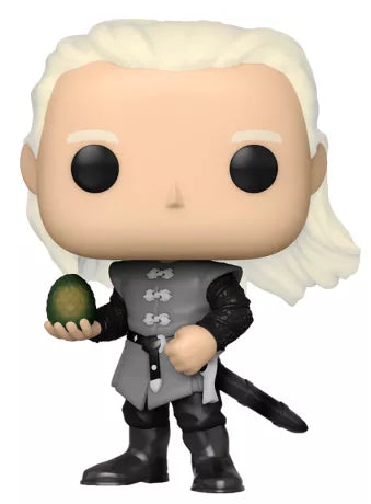 Funko Pop! House of the Dragon â Daemon Targaryen with Dragon Egg (N°09). Figurine dĂ©taillĂ©e reprĂ©sentant Daemon tenant un Ćuf de dragon. Parfaite pour les fans de La Maison du Dragon.