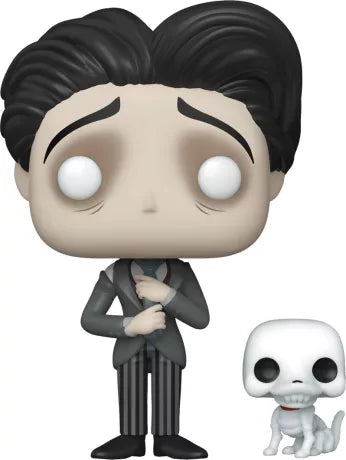 Funko Pop! Corpse Bride â Victor with Scraps (N°986). Victor en costume sombre avec son chien squelette Scraps. Figurine dĂ©taillĂ©e et poĂ©tique pour les fans de Tim Burton.