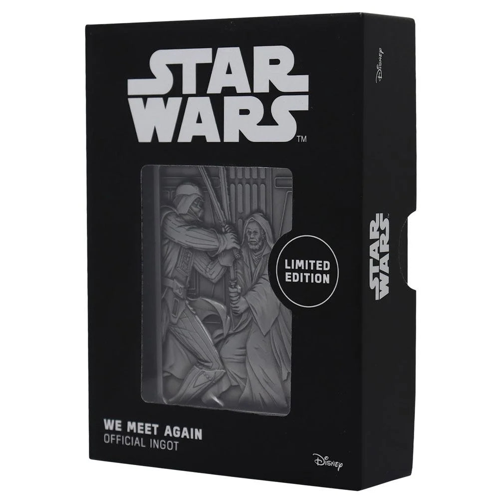 "Lingot de collection en métal Star Wars, édition limitée à 9 995 exemplaires, représentant le duel iconique entre Dark Vador et Obi-Wan Kenobi dans Un Nouvel Espoir."
