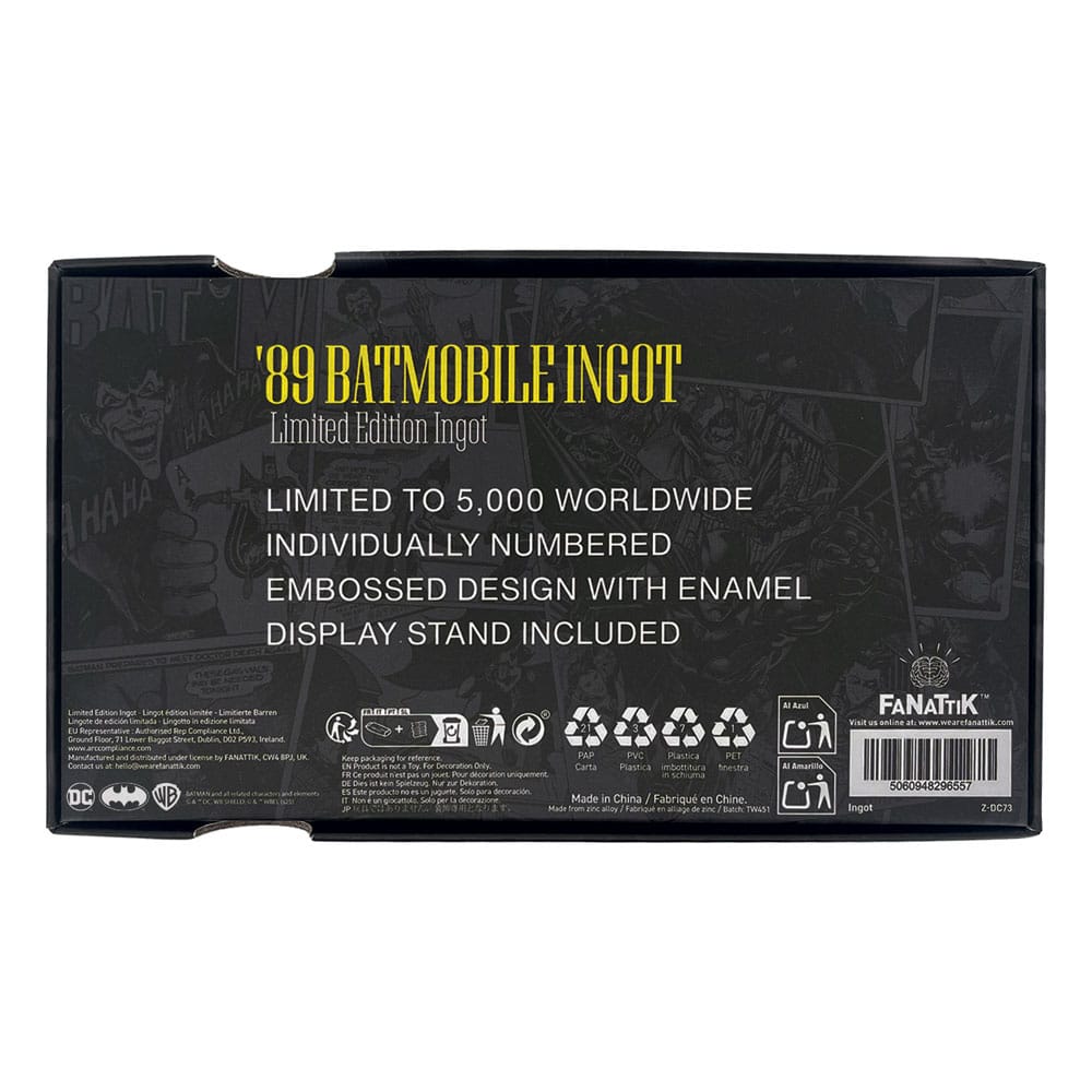 Lingot XL Batmobile 1989 – édition limitée DC, 145 x 73,6 mm, design embossé noir avec numérotation individuelle et présentoir inclus.