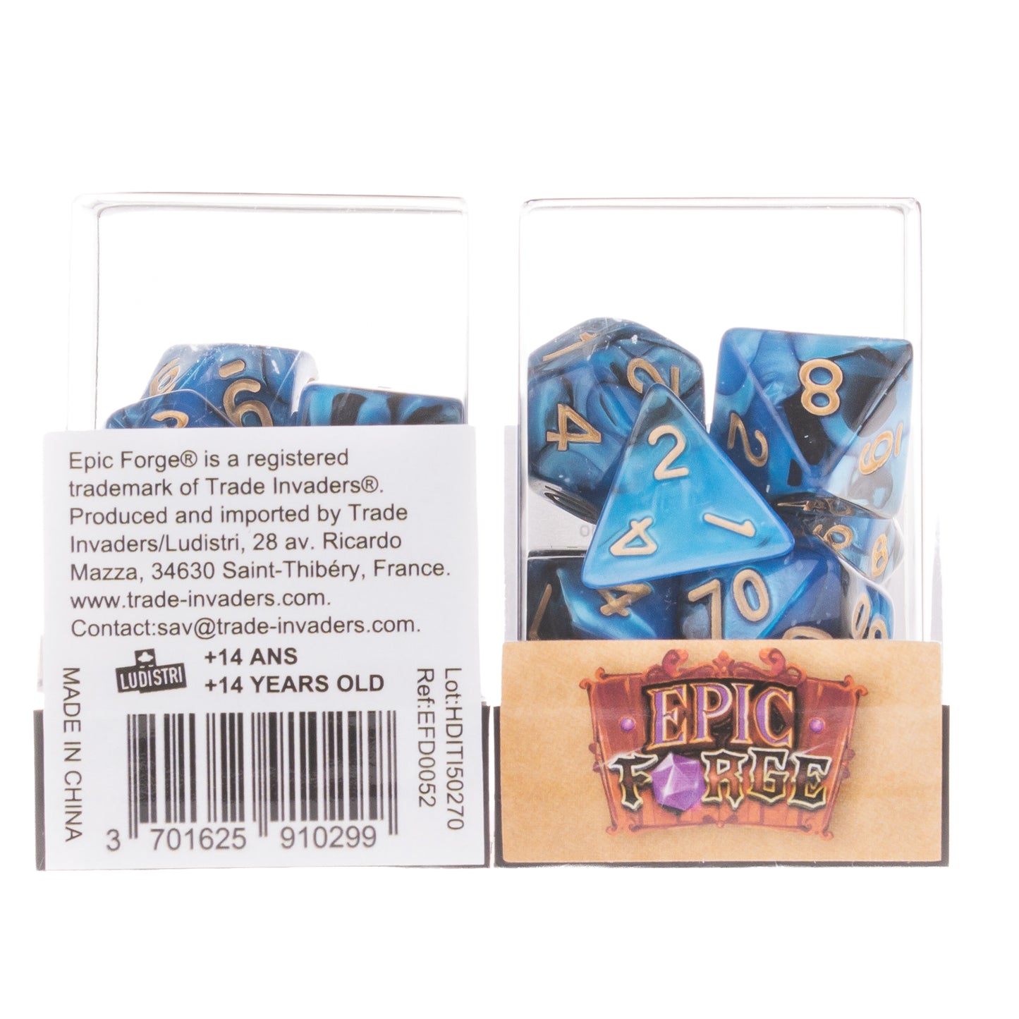 🎲🌊 Lot de Dés – Fusion Bleu et Noir – Set Complet 7 Pièces en Boîte – Jeu de Rôle 🌑🎲
