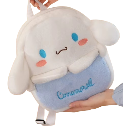 Mini sac à dos en peluche Cinnamoroll de la collection Sanrio, parfait pour un look kawaii ou comme cadeau adorable.