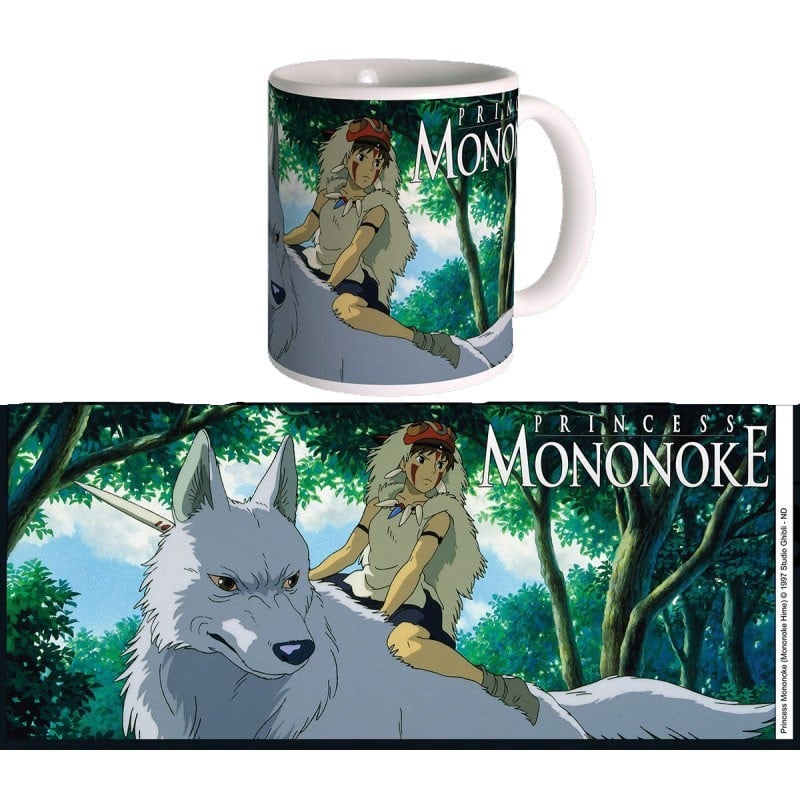 Mug Princesse Mononoké – 300 ml – Studio Ghibli. Mug blanc décoré de San chevauchant le loup géant dans la forêt. Illustration fidèle au film d’animation.