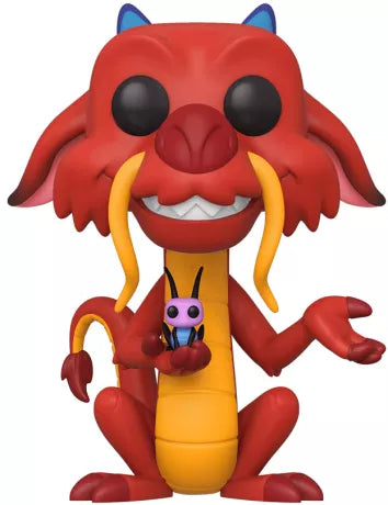 Funko Pop! Disney Mulan â Mushu (N°632) â figurine gĂ©ante 25 cm rouge et jaune, Mushu assis tenant Cri-Kee, fidĂšle au film Disney Mulan.