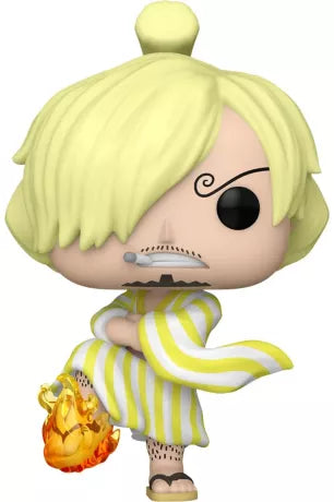 "Funko Pop! One Piece – Sangoro (1473). Sanji en tenue de Wano avec son kimono jaune rayé et son attaque Diable Jambe enflammée. Un must-have pour les fans de One Piece !"