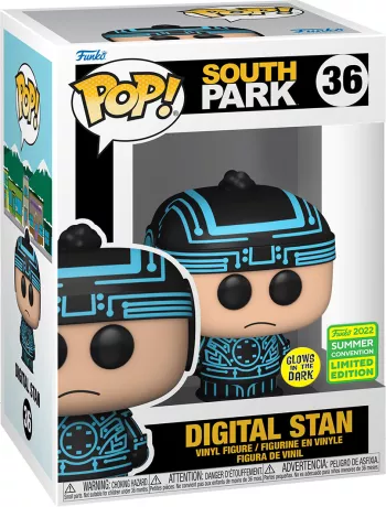 "Funko Pop! South Park – Digital Stan (36). Stan en costume numérique noir et bleu, effet Glow in the Dark. Figurine exclusive pour les fans de South Park et de culture geek."